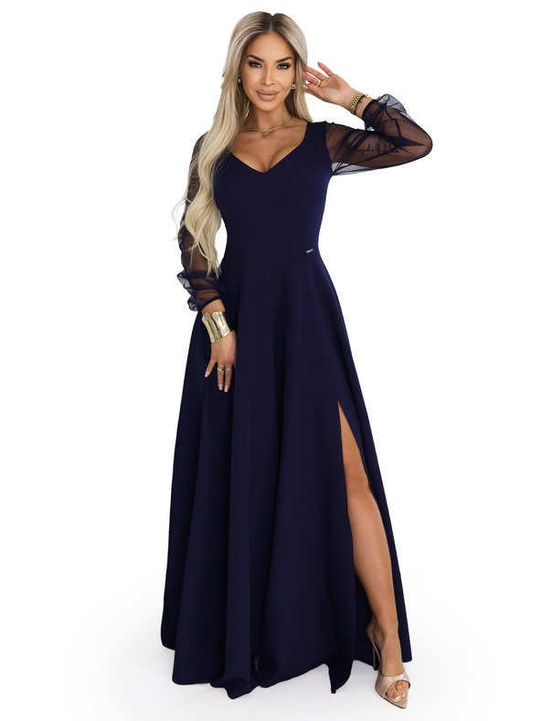 numoco LORETTA jedinstvene duge haljine s til rukavima i dekolteom - tamno plava