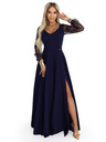 numoco LORETTA jedinstvene duge haljine s til rukavima i dekolteom - tamno plava