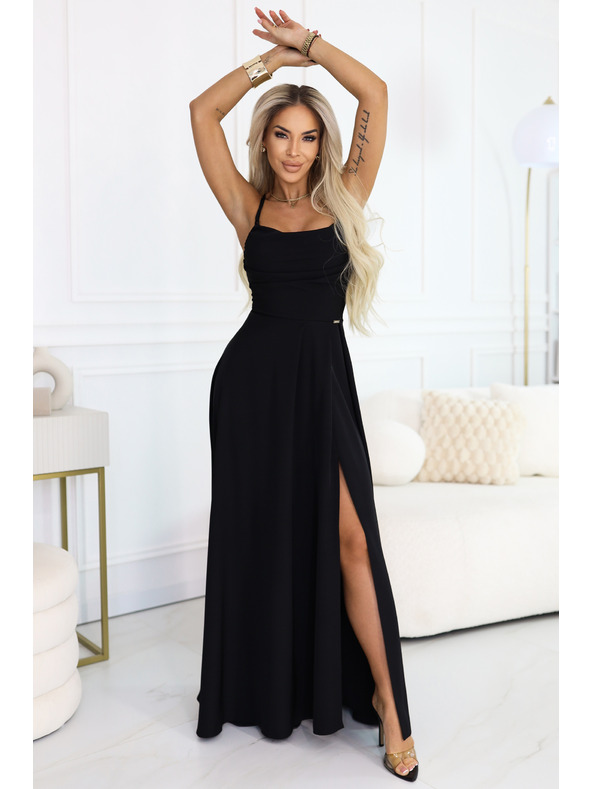 numoco Maksi haljina na naramenice, s korpetom na leđima i prorezom - crna