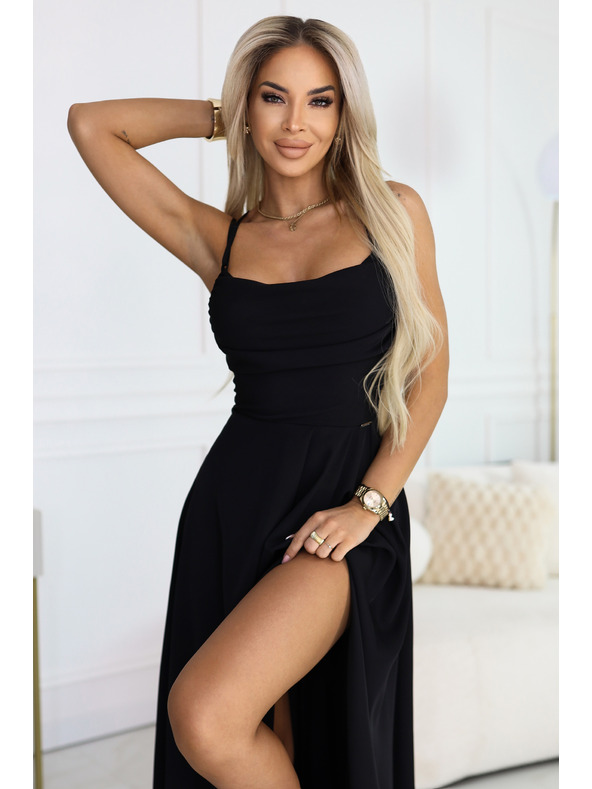 numoco Maksi haljina na naramenice, s korpetom na leđima i prorezom - crna