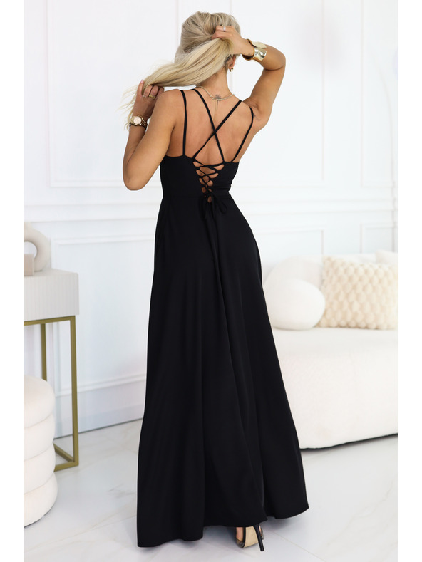 numoco Maksi haljina na naramenice, s korpetom na leđima i prorezom - crna