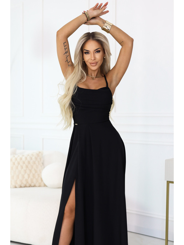 numoco Maksi haljina na naramenice, s korpetom na leđima i prorezom - crna