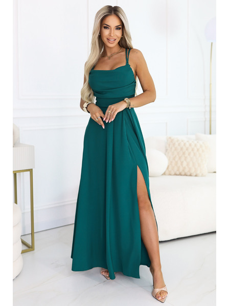 numoco Maksi haljina na bretele s korzet vezicama na leđima i prorezom - bočano zelena