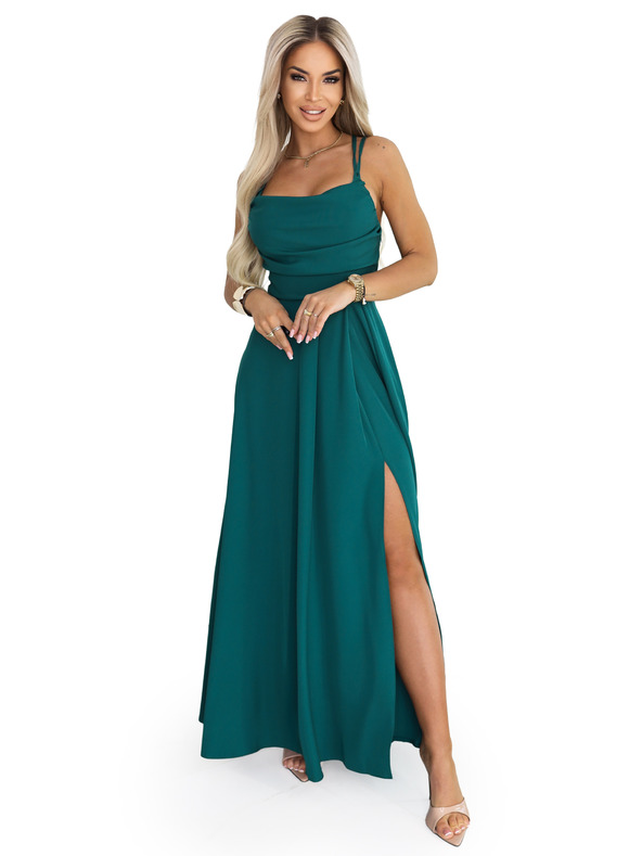 numoco Maksi haljina na bretele s korzet vezicama na leđima i prorezom - bočano zelena