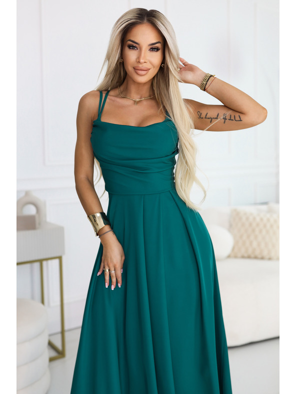 numoco Maksi haljina na bretele s korzet vezicama na leđima i prorezom - bočano zelena