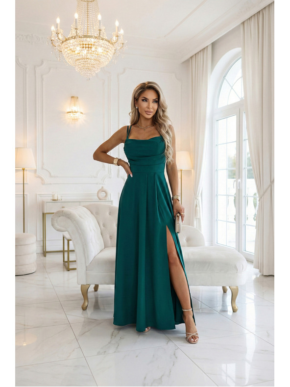 numoco Maksi haljina na bretele s korzet vezicama na leđima i prorezom - bočano zelena