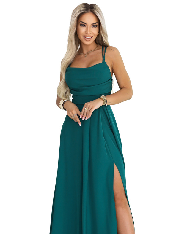 numoco Maksi haljina na bretele s korzet vezicama na leđima i prorezom - bočano zelena