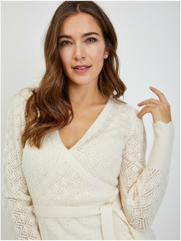 Orsay Krem ženska rupičasta pletena haljina na vezanje ORSAY