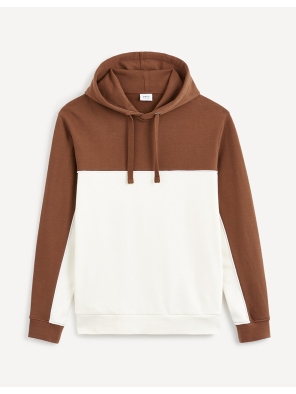 Celio Smeđe-bijeli muški pamučni sweatshirt s kapuljačom Celio Debiding