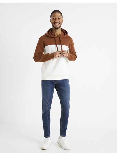 Celio Smeđe-bijeli muški pamučni sweatshirt s kapuljačom Celio Debiding