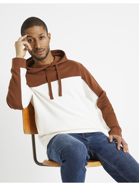 Celio Smeđe-bijeli muški pamučni sweatshirt s kapuljačom Celio Debiding