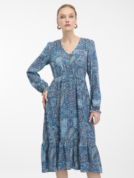 Orsay Plava ženska haljina srednje duljine s uzorkom ORSAY