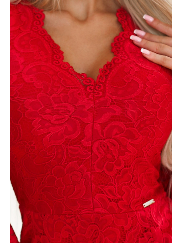 numoco Čipkasta haljina s dugim rukavima i dekolteom - crvena Numoco