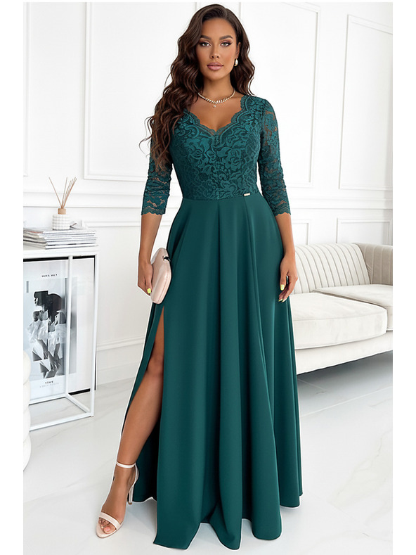 numoco Elegantna duga haljina s dekolteom od čipke - zelena Numoco AMBER