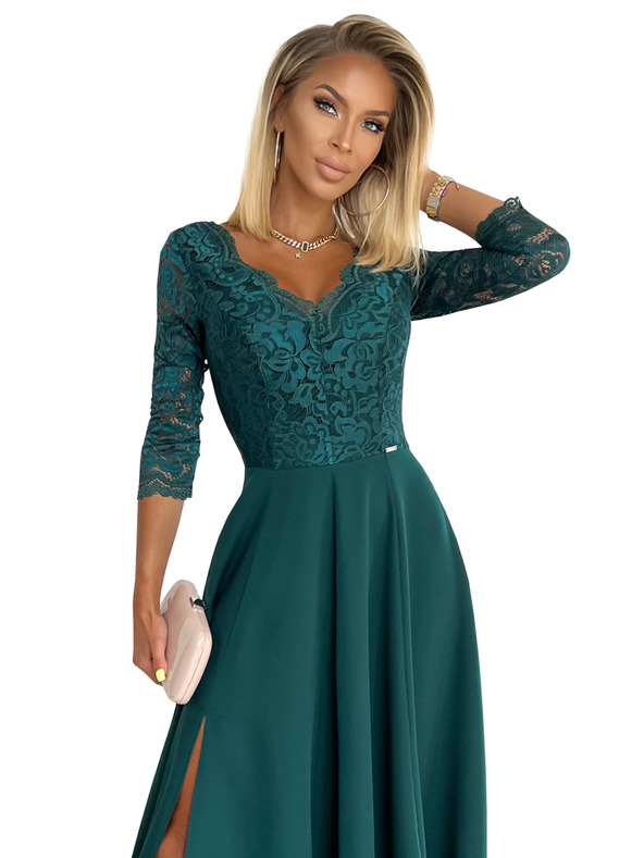 numoco Elegantna duga haljina s dekolteom od čipke - zelena Numoco AMBER