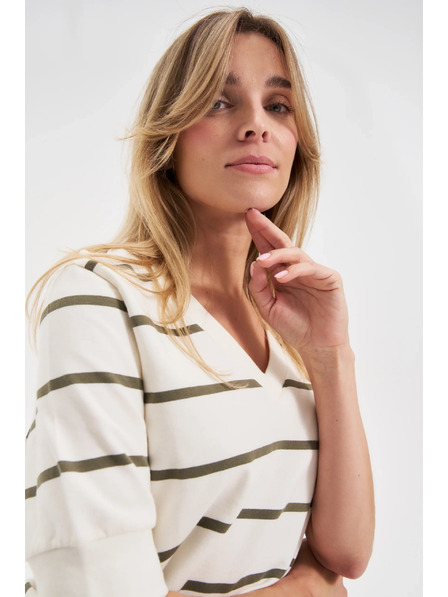 Moodo Striped Short Sleeve Blouse in Ecru Moodo