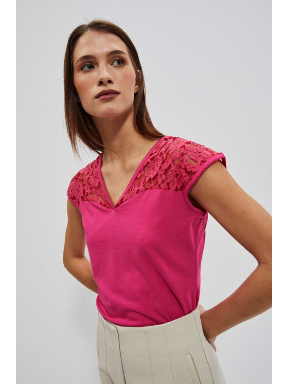 Moodo Ružičasta bluza V-izreza s čipkom Moodo