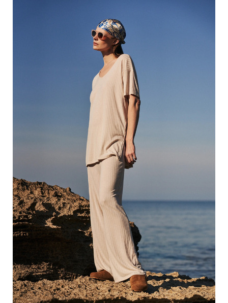 Moodo Bež hlače od rebrastog pletiva Moodo