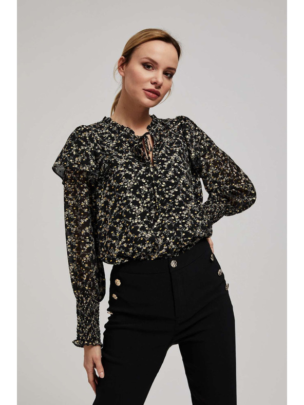 Moodo Uzorovana košulja s vezivanjem na izrezu crna Moodo