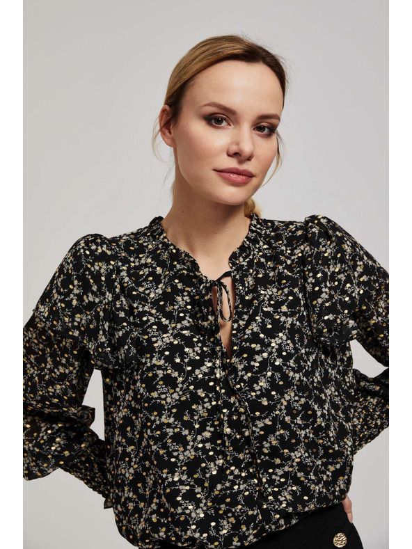 Moodo Uzorovana košulja s vezivanjem na izrezu crna Moodo
