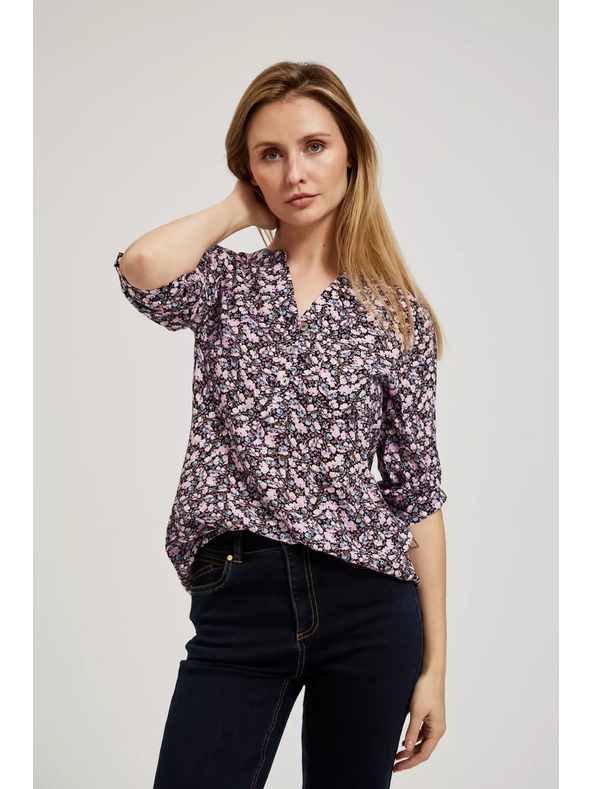 Moodo Tamno plava košulja s cvjetnim printom i zavrnenim rukavima Moodo