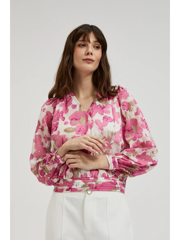 Moodo Ružičasta cvjetna košulja s naboranim rukavima Moodo