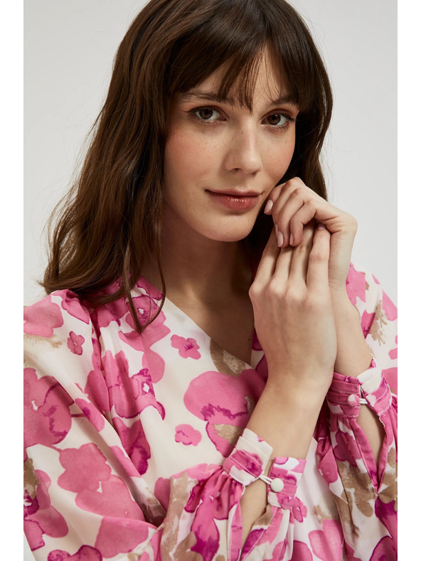 Moodo Ružičasta cvjetna košulja s naboranim rukavima Moodo