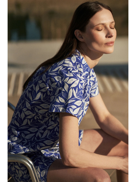 Moodo Plava košulja s ovratnikom i biljnim uzorkom Moodo