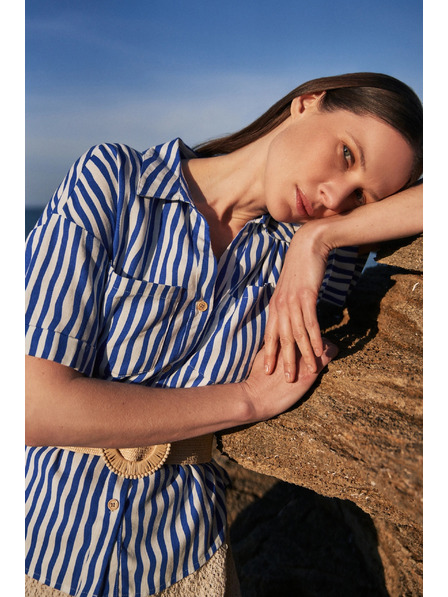 Moodo Plava prugasta košulja na gumbe s džepovima Moodo