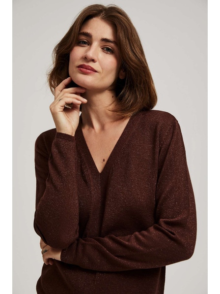 Moodo Smeđi pulover s metalnim vlaknom i V-izrezom Moodo