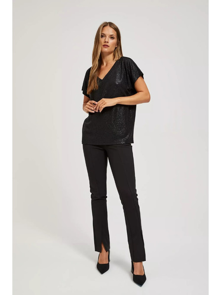 Moodo Elegantna crna bluza s V-izrezom od sjajnog materijala Moodo