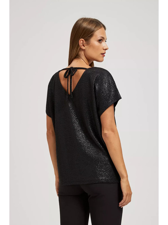 Moodo Elegantna crna bluza s V-izrezom od sjajnog materijala Moodo