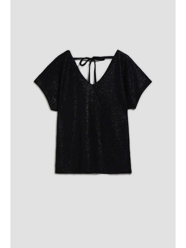 Moodo Elegantna crna bluza s V-izrezom od sjajnog materijala Moodo