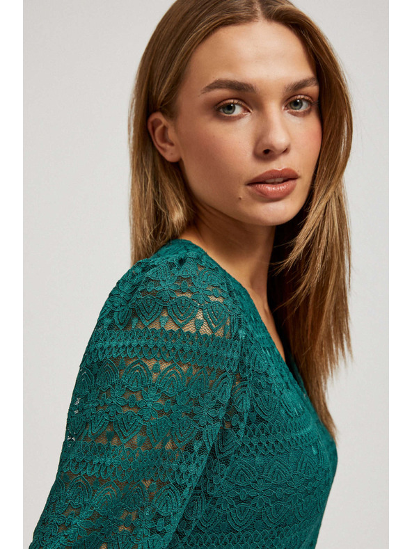 Moodo Smaragdna čipkasta bluza s napuhanim rukavima Moodo