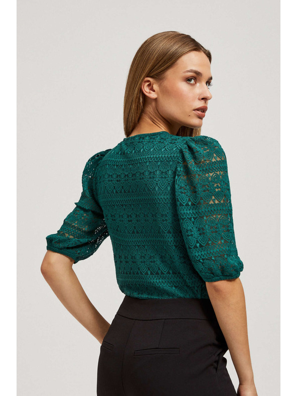 Moodo Smaragdna čipkasta bluza s napuhanim rukavima Moodo