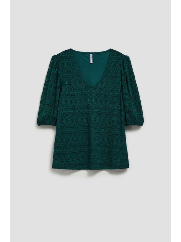 Moodo Smaragdna čipkasta bluza s napuhanim rukavima Moodo