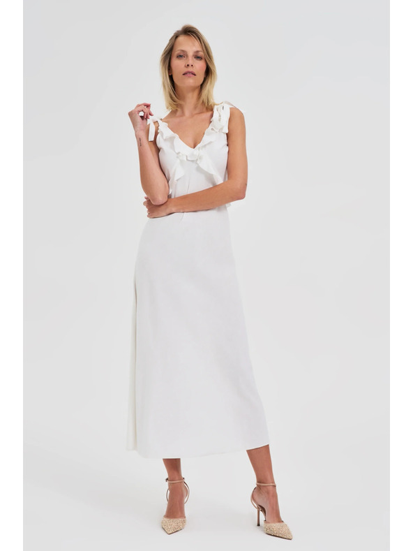 Moodo Bijele midi haljine s volanima na dekolte Moodo
