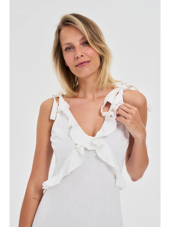 Moodo Bijele midi haljine s volanima na dekolte Moodo