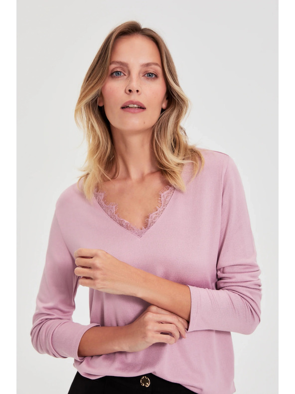 Moodo Pulover s čipkastim izrezom ružičasti Moodo