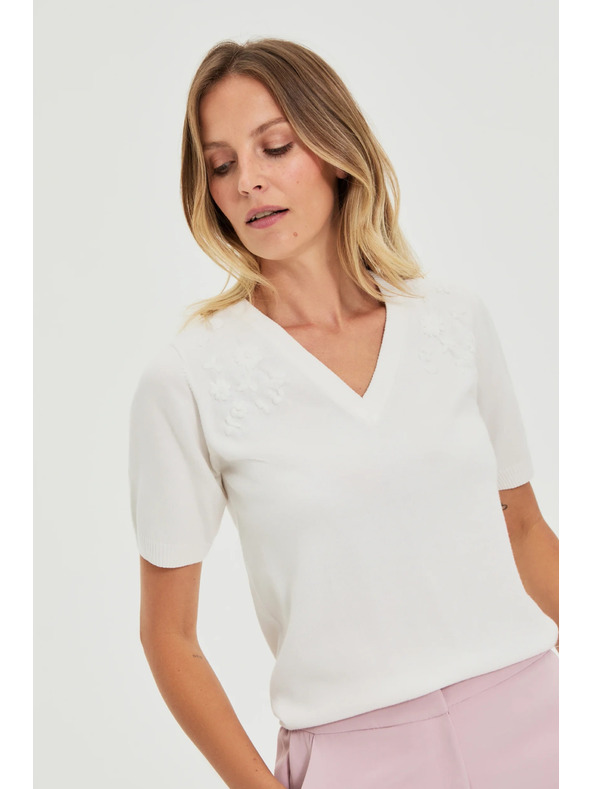 Moodo Bijeli džemper s kratkim rukavima i V-izrezom Moodo