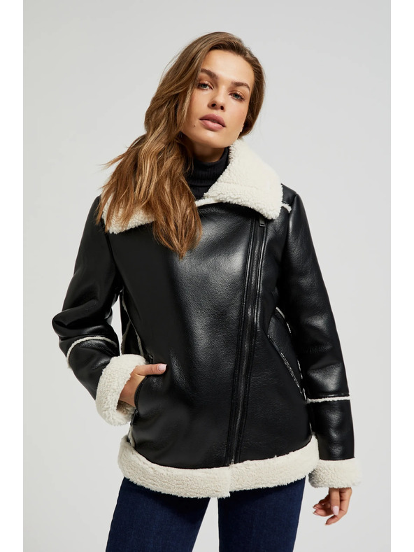 Moodo Crna jakna s krznom na ovratniku Moodo