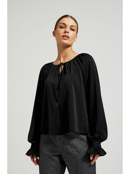 Moodo Crna košulja s naboranim rukavima i vezanim izrezom Moodo