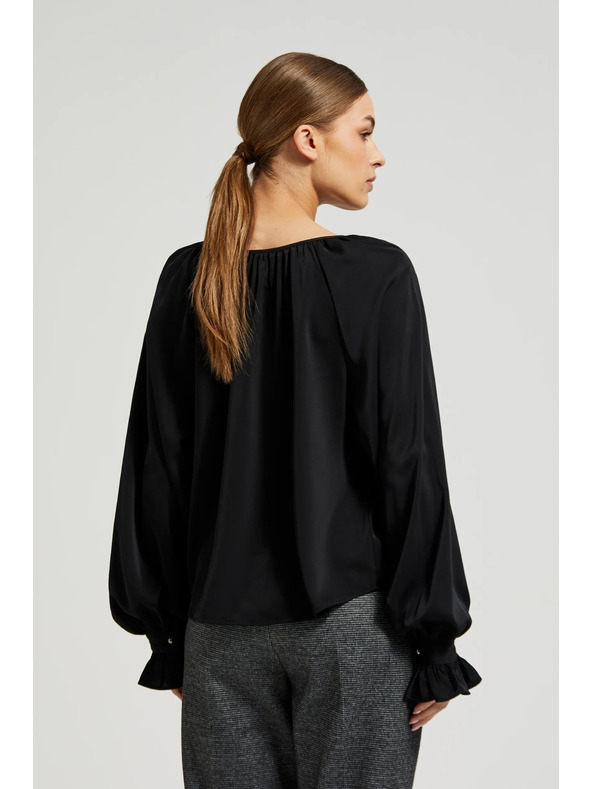 Moodo Crna košulja s naboranim rukavima i vezanim izrezom Moodo