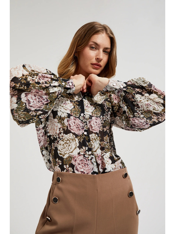 Moodo Plisirana crna košulja s cvjetnim uzorkom i balonastim rukavima Moodo