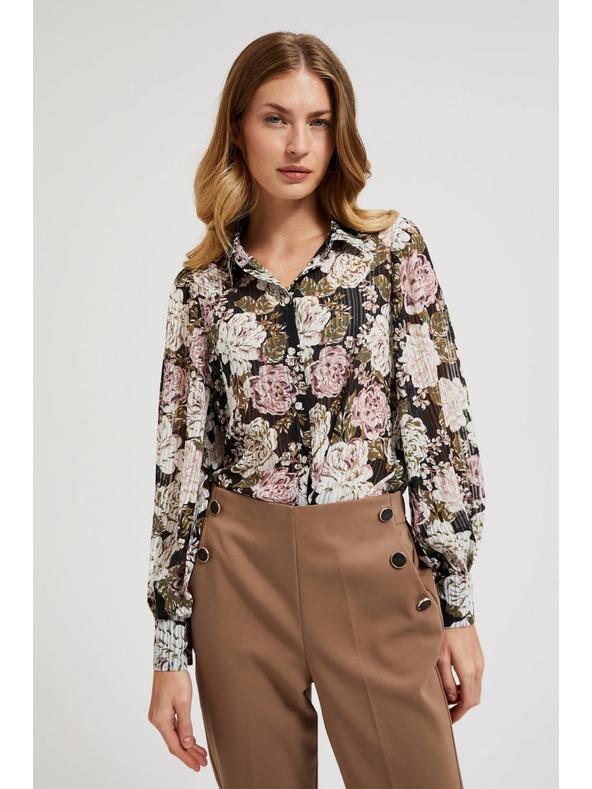 Moodo Plisirana crna košulja s cvjetnim uzorkom i balonastim rukavima Moodo