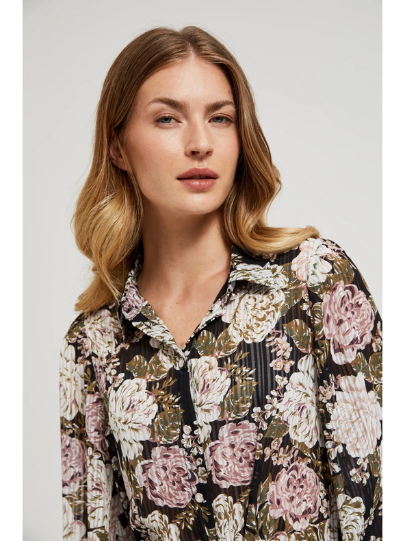 Moodo Plisirana crna košulja s cvjetnim uzorkom i balonastim rukavima Moodo