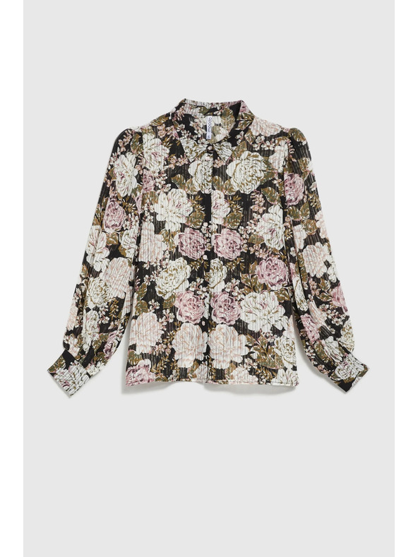 Moodo Plisirana crna košulja s cvjetnim uzorkom i balonastim rukavima Moodo