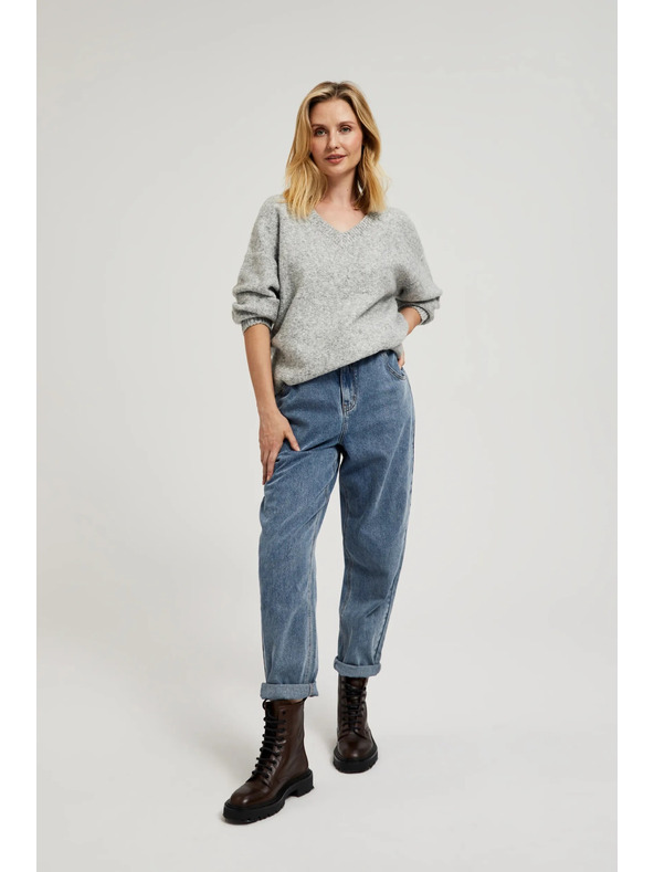 Moodo Glatki džemper s V-izrezom i rebrima sive boje Moodo