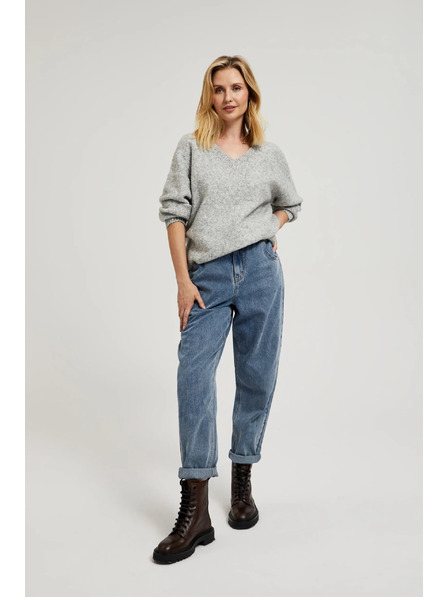 Moodo Glatki džemper s V-izrezom i rebrima sive boje Moodo