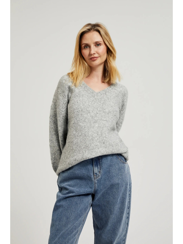 Moodo Glatki džemper s V-izrezom i rebrima sive boje Moodo